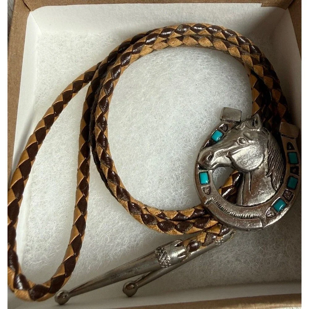 Western Horseshoe Horse Head Bolo Tie Faux Turquoise Inlay Silver Tone Slide